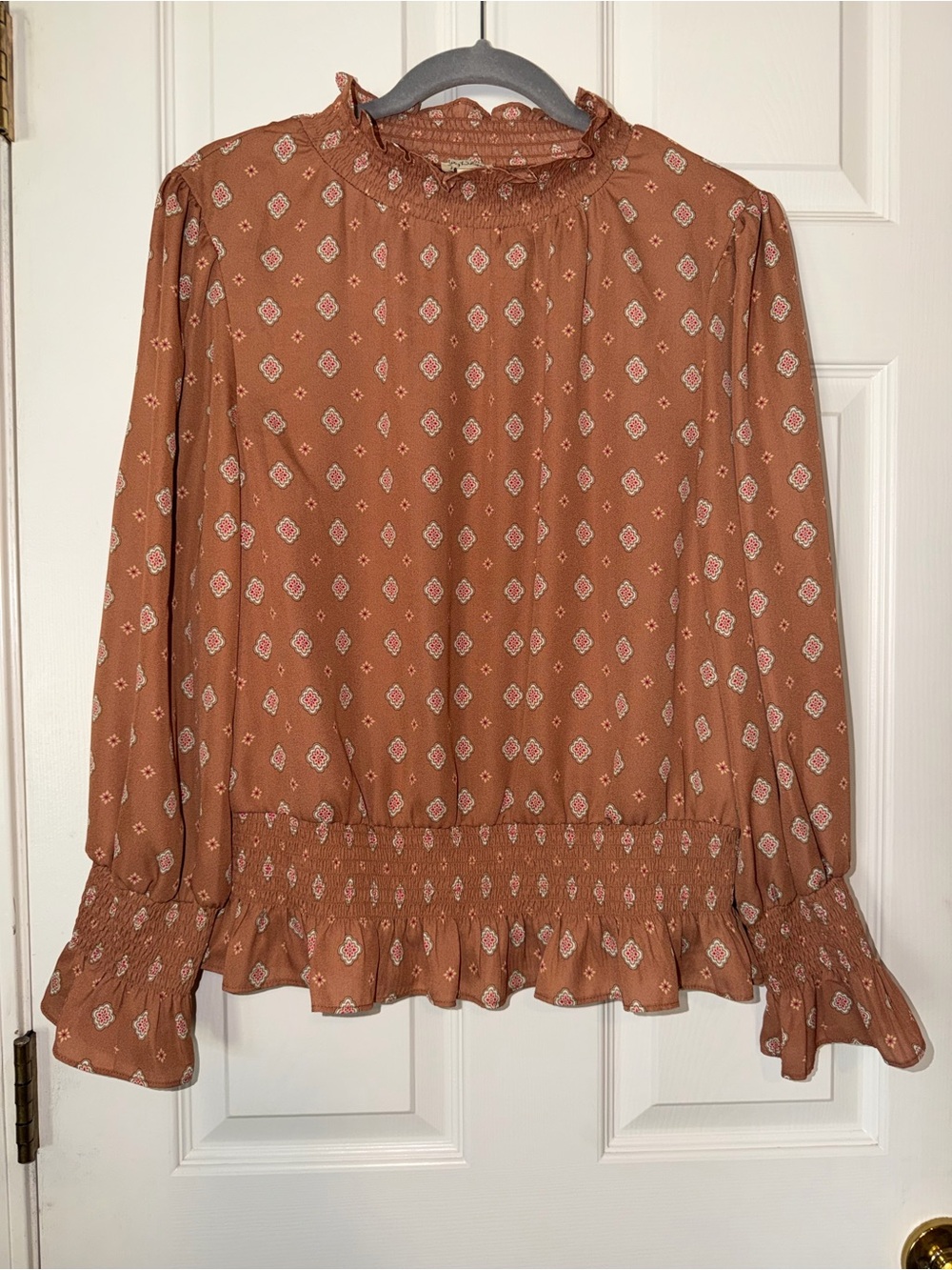 Lily White Rust Floral Ruffle-Neck Long Sleeve Top